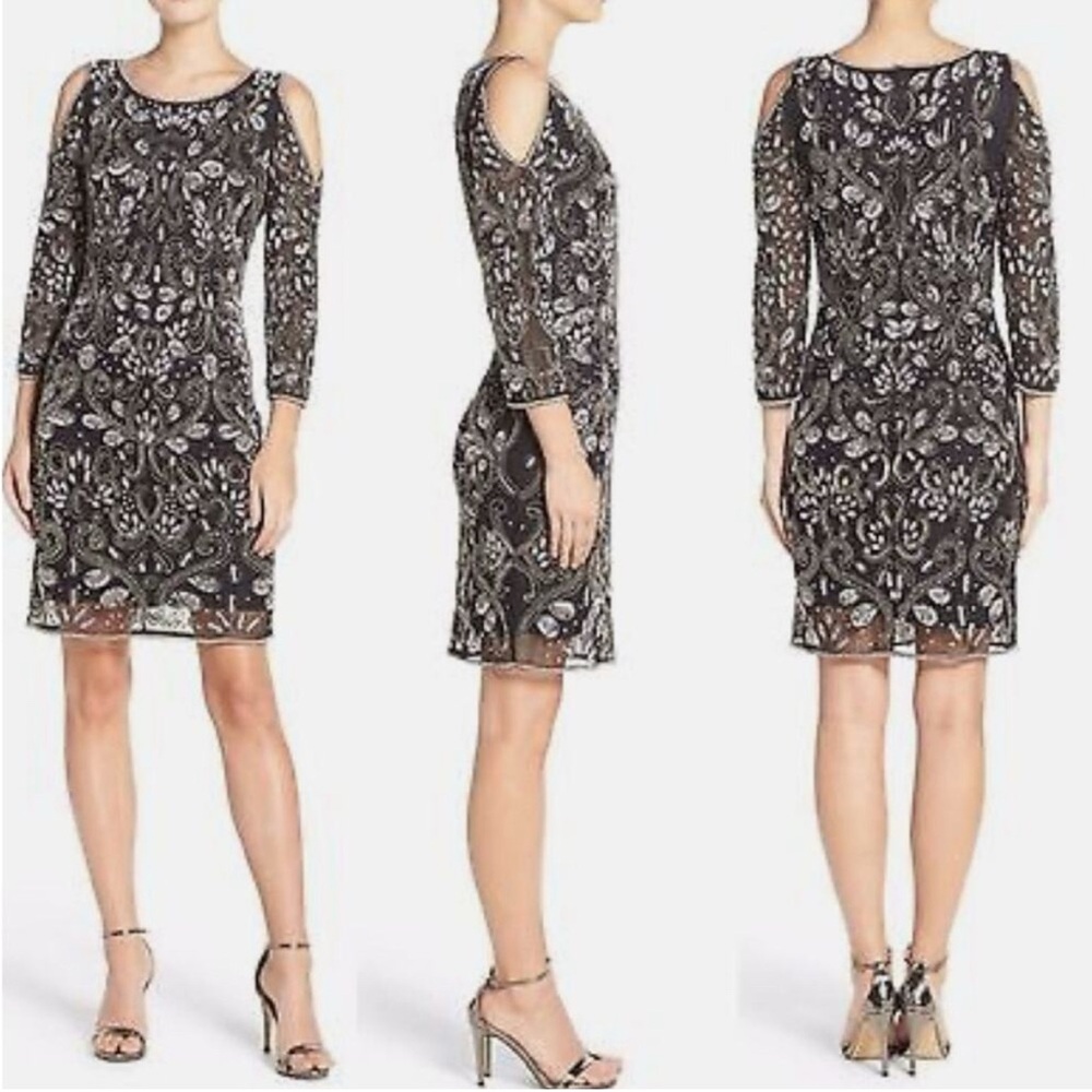 Pisarro Nights Black Beaded Sequin Cocktail Dress Sz 12 Evening Formal
